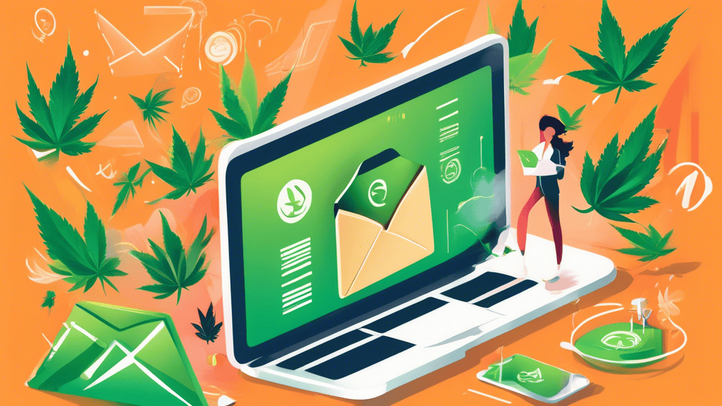 Create an image showing a vibrant, creative email marketing campaign targeted at a cannabis business. Include elements such as email newsletters with cannabis-themed graphics, open rate statistics, an