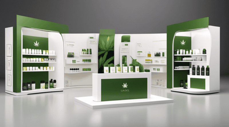 Create an image of a modern, sleek retail display for a cannabis lifestyle brand with stylish packaging. The display should feature a variety of cannabis products (oils, edibles, vaporizers) that cate