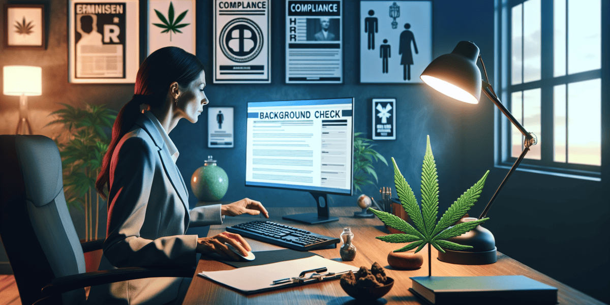 Create a DALL-E image showing an HR professional conducting a detailed background check on a computer with cannabis industry symbols, such as a cannabis leaf, on the desk. The office should have poste