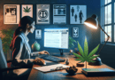 Create a DALL-E image showing an HR professional conducting a detailed background check on a computer with cannabis industry symbols, such as a cannabis leaf, on the desk. The office should have poste