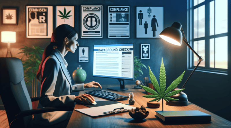 Create a DALL-E image showing an HR professional conducting a detailed background check on a computer with cannabis industry symbols, such as a cannabis leaf, on the desk. The office should have poste