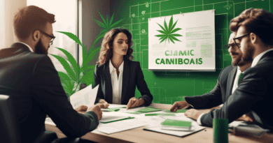 Create an image depicting a modern office setting with a group of professionals in business attire discussing legal documents. In the backdrop, include subtle cannabis-themed elements, such as green l
