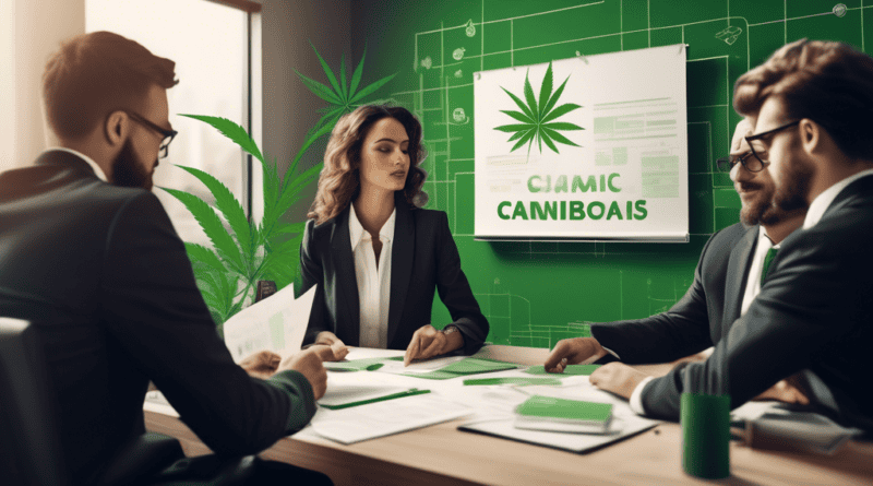 Create an image depicting a modern office setting with a group of professionals in business attire discussing legal documents. In the backdrop, include subtle cannabis-themed elements, such as green l