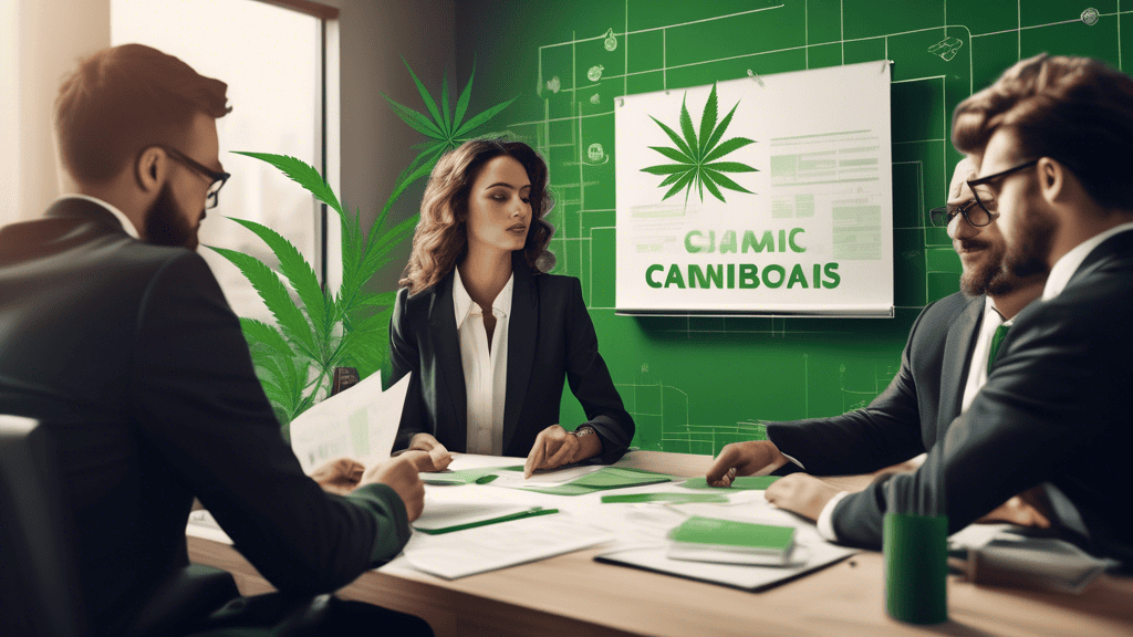 Create an image depicting a modern office setting with a group of professionals in business attire discussing legal documents. In the backdrop, include subtle cannabis-themed elements, such as green l