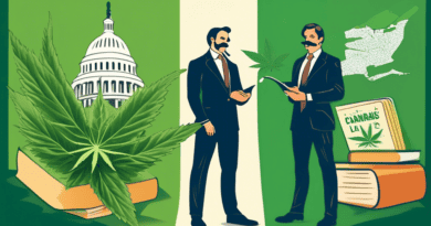Create an image showing a split-screen. On one side, illustrate a mustachioed lawyer dressed in a sharp suit standing in front of the U.S. Capitol, holding a large book titled Federal Cannabis Laws. O