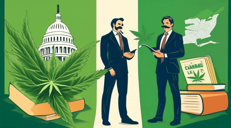 Create an image showing a split-screen. On one side, illustrate a mustachioed lawyer dressed in a sharp suit standing in front of the U.S. Capitol, holding a large book titled Federal Cannabis Laws. O