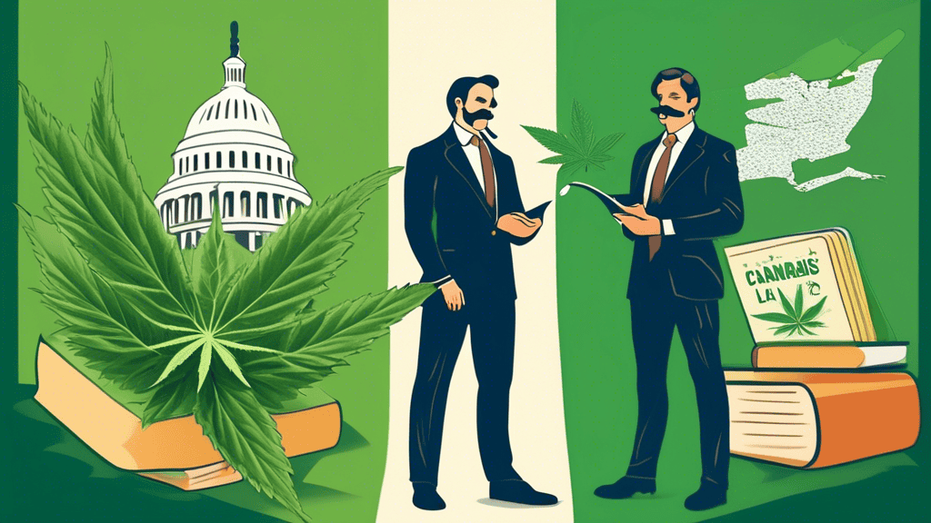 Create an image showing a split-screen. On one side, illustrate a mustachioed lawyer dressed in a sharp suit standing in front of the U.S. Capitol, holding a large book titled Federal Cannabis Laws. O