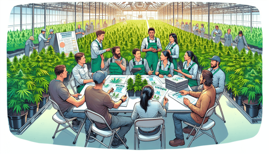 Create an image portraying a vibrant cannabis cultivation facility where workers are actively engaging in a union organizing meeting. The scene should include people of diverse backgrounds gathered ar