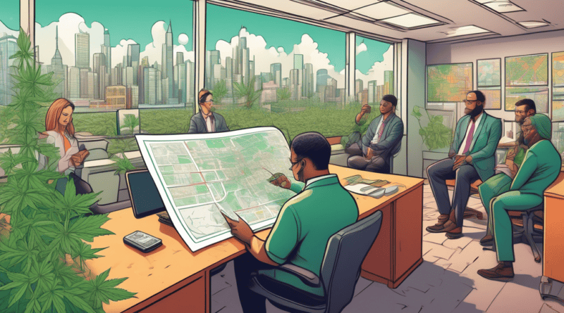 An illustrated guide showcasing a cannabis business owner thoughtfully reviewing a map and zoning laws in a bustling urban planning office, with city officials and legal advisors offering guidance. Th