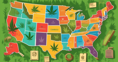 Create an image of a detailed map of the United States with cannabis plants strategically placed in various states. Overlay the map with various roadblocks, barriers, and caution signs illustrating re