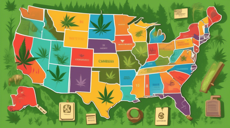 Create an image of a detailed map of the United States with cannabis plants strategically placed in various states. Overlay the map with various roadblocks, barriers, and caution signs illustrating re