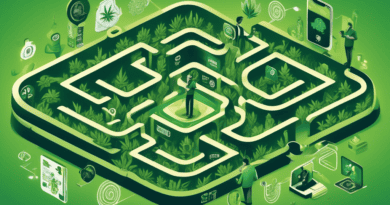 Create an image depicting a cannabis business owner cleverly navigating through a digital maze filled with various social media platform logos and icons. The scene should show the owner holding a smar