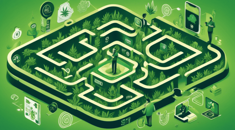 Create an image depicting a cannabis business owner cleverly navigating through a digital maze filled with various social media platform logos and icons. The scene should show the owner holding a smar