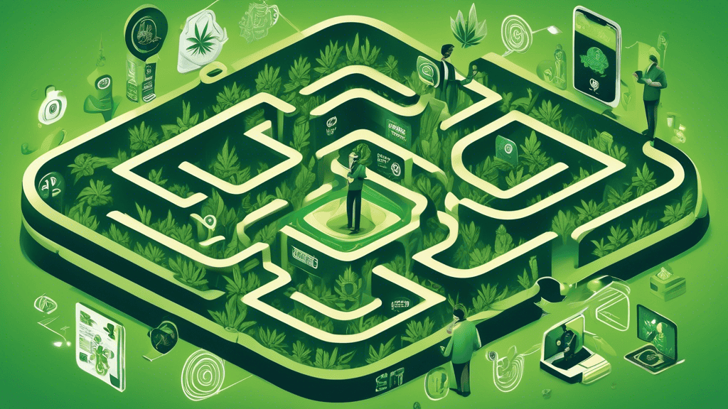 Create an image depicting a cannabis business owner cleverly navigating through a digital maze filled with various social media platform logos and icons. The scene should show the owner holding a smar