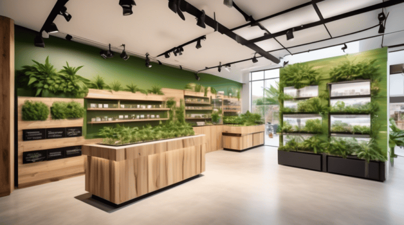 Create an image of a modern cannabis dispensary showcasing its eco-friendly initiatives. Include elements such as solar panels on the roof, a lush green living wall, and sustainable packaging made fro