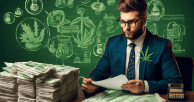 Create an image depicting a cannabis dispensary with an accountant holding a large stack of tax forms, looking perplexed. Surround the scene with symbols of tax challenges, such as a gavel, dollar sig