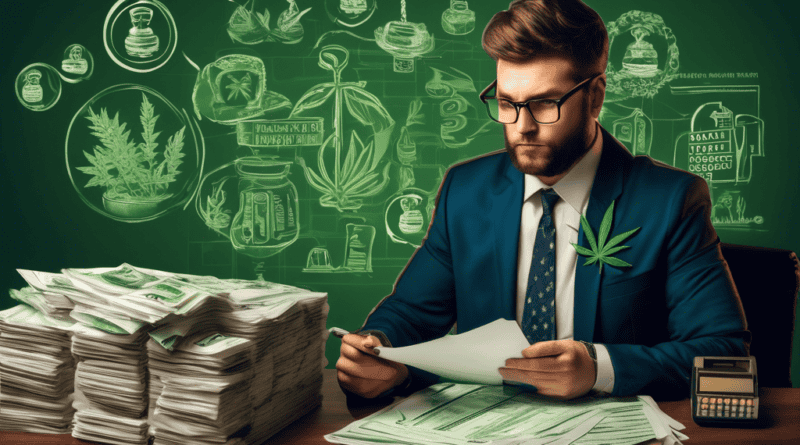 Create an image depicting a cannabis dispensary with an accountant holding a large stack of tax forms, looking perplexed. Surround the scene with symbols of tax challenges, such as a gavel, dollar sig