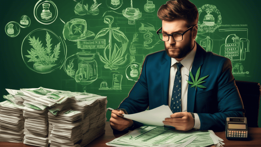 Create an image depicting a cannabis dispensary with an accountant holding a large stack of tax forms, looking perplexed. Surround the scene with symbols of tax challenges, such as a gavel, dollar sig