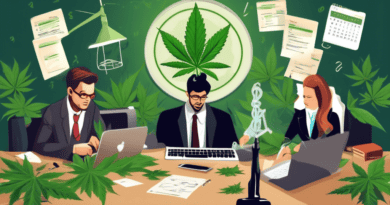 Create an image featuring a modern, professional office setting where a group of serious entrepreneurs is gathered around a table covered with cannabis leaves, legal documents, and a laptop displaying