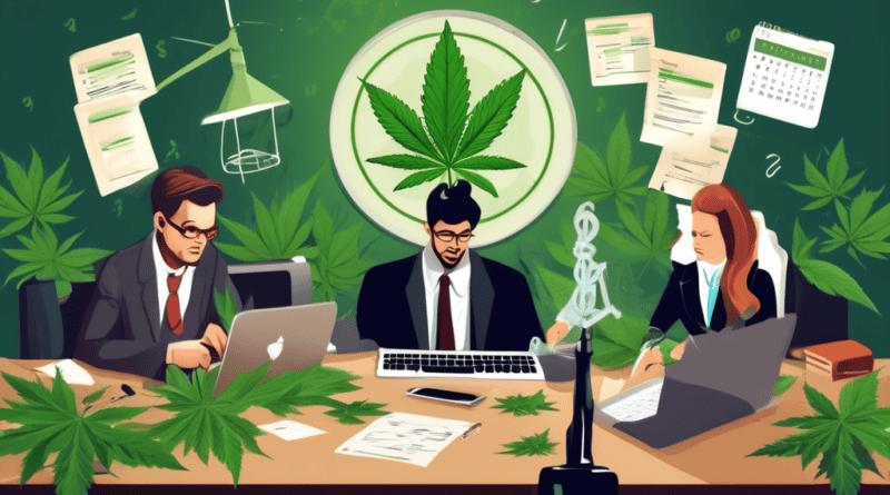 Create an image featuring a modern, professional office setting where a group of serious entrepreneurs is gathered around a table covered with cannabis leaves, legal documents, and a laptop displaying