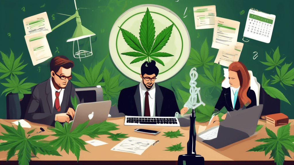 Create an image featuring a modern, professional office setting where a group of serious entrepreneurs is gathered around a table covered with cannabis leaves, legal documents, and a laptop displaying