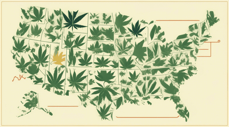 Create an image that visually represents the complex and varied restrictions on cannabis advertising across different states in the U.S. The image should include a map of the United States with some s