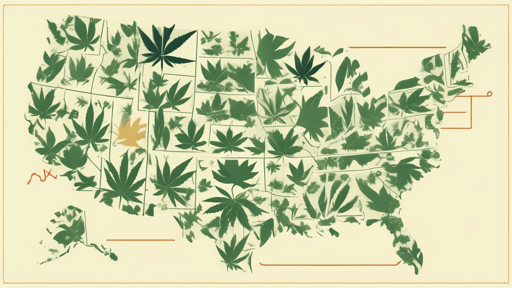 Create an image that visually represents the complex and varied restrictions on cannabis advertising across different states in the U.S. The image should include a map of the United States with some s