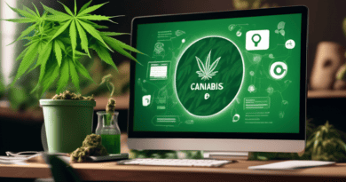 Create an image illustrating the concept of video marketing for the cannabis industry, focusing on engaging educational content. Visualize a modern, sleek video player interface on a computer screen o