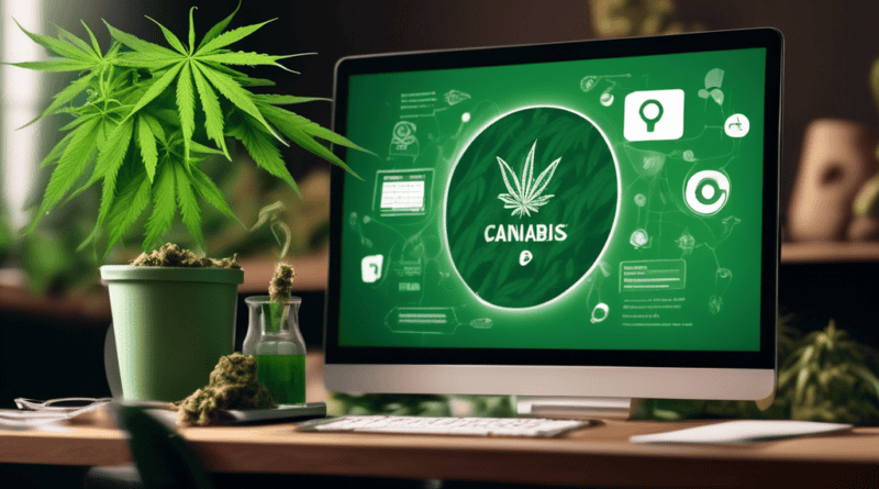 Create an image illustrating the concept of video marketing for the cannabis industry, focusing on engaging educational content. Visualize a modern, sleek video player interface on a computer screen o