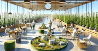 Create an image depicting a serene and balanced workplace environment within a 24/7 cannabis operation. Illustrate diverse employees interacting in a high-tech greenhouse, with some engaging in hortic