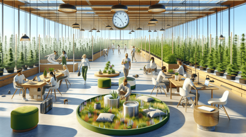 Create an image depicting a serene and balanced workplace environment within a 24/7 cannabis operation. Illustrate diverse employees interacting in a high-tech greenhouse, with some engaging in hortic
