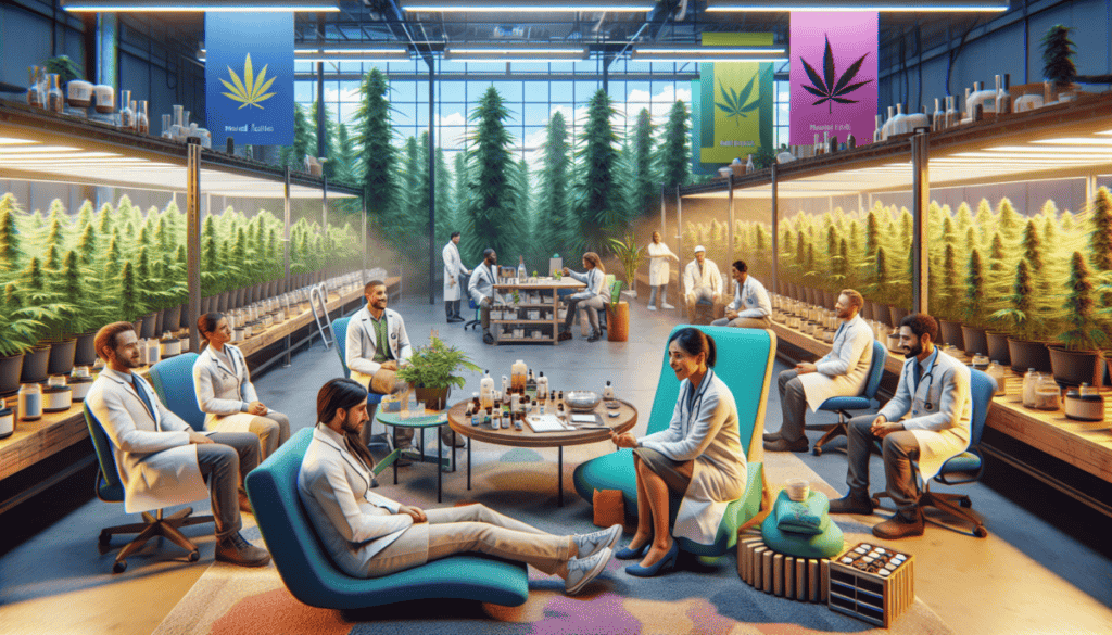 Create an image that depicts a compassionate scene in a high-stress cannabis production facility where mental health support is being offered. Include elements like employees wearing lab coats and saf