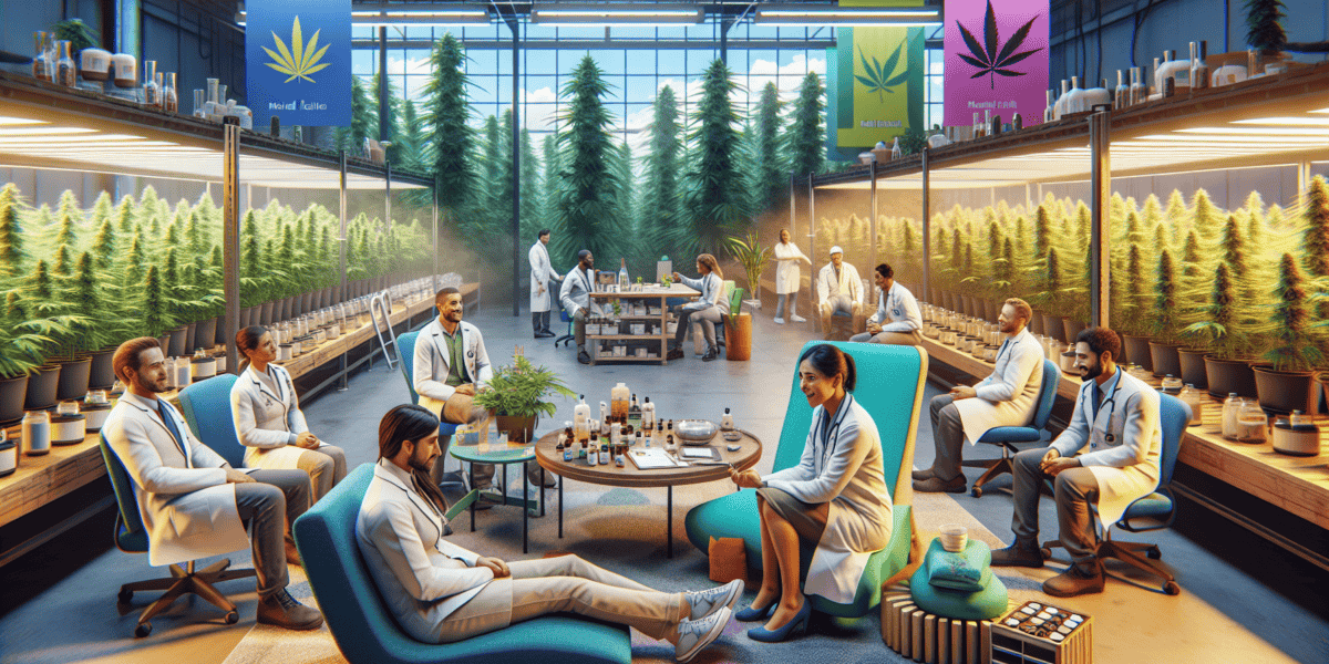 Create an image that depicts a compassionate scene in a high-stress cannabis production facility where mental health support is being offered. Include elements like employees wearing lab coats and saf