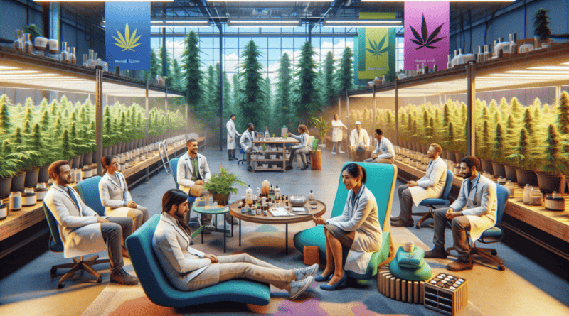Create an image that depicts a compassionate scene in a high-stress cannabis production facility where mental health support is being offered. Include elements like employees wearing lab coats and saf