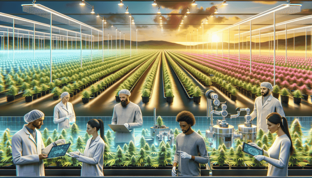 Create an image of a cannabis farm with modern cultivation technology, showing workers undergoing a training session to learn advanced agricultural techniques. In the background, depict other parts of