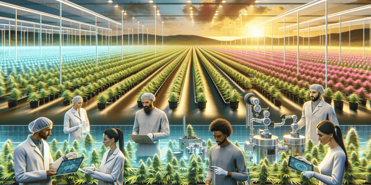 Create an image of a cannabis farm with modern cultivation technology, showing workers undergoing a training session to learn advanced agricultural techniques. In the background, depict other parts of