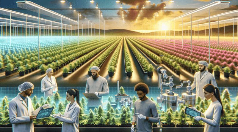 Create an image of a cannabis farm with modern cultivation technology, showing workers undergoing a training session to learn advanced agricultural techniques. In the background, depict other parts of