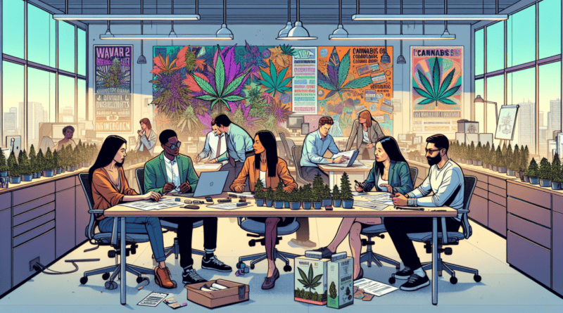 Create an image showing a diverse group of employees in a modern cannabis company office setting. The scene should show a meeting where people of different genders, races, and ages are discussing and