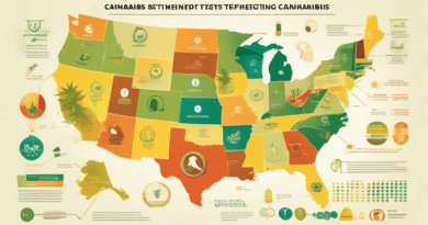 Create an infographic-style image that visually represents the varying cannabis testing requirements across different U.S. states. Use a map of the United States with states highlighted in different c