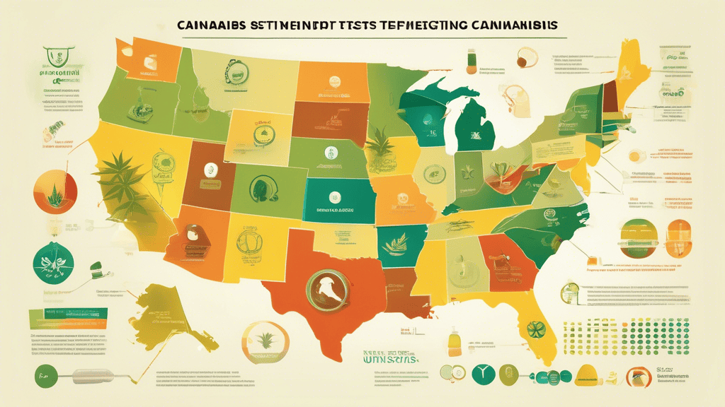 Create an infographic-style image that visually represents the varying cannabis testing requirements across different U.S. states. Use a map of the United States with states highlighted in different c