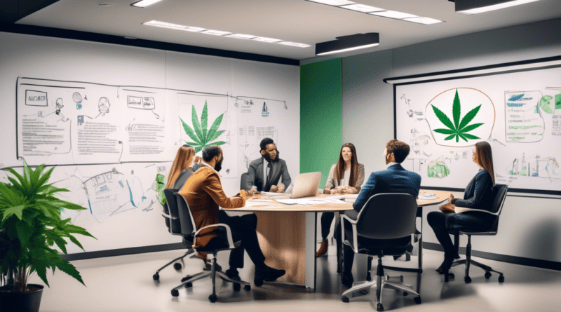 Create an image depicting a professional meeting room with diverse team members in a discussion around a central table. On the table are documents and charts labeled Cannabis Advertising Regulations 2