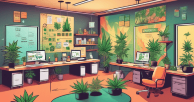 Create an image depicting a cannabis business setting with a sleek, professional office environment where diverse team members are engaged in various content marketing activities such as brainstorming