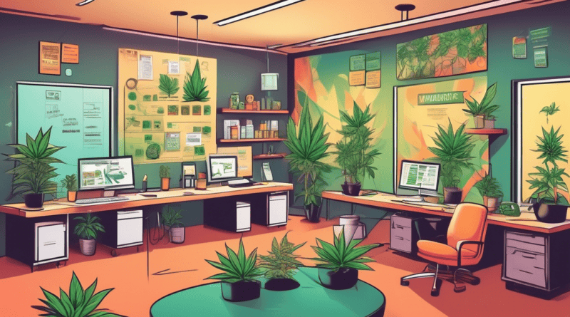Create an image depicting a cannabis business setting with a sleek, professional office environment where diverse team members are engaged in various content marketing activities such as brainstorming