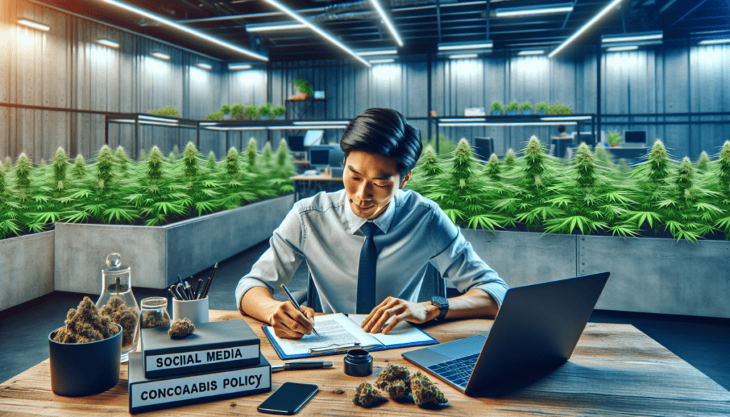 An HR professional writing a comprehensive social media policy for cannabis company employees, in a modern office setting, with a background featuring cannabis plants and digital devices.