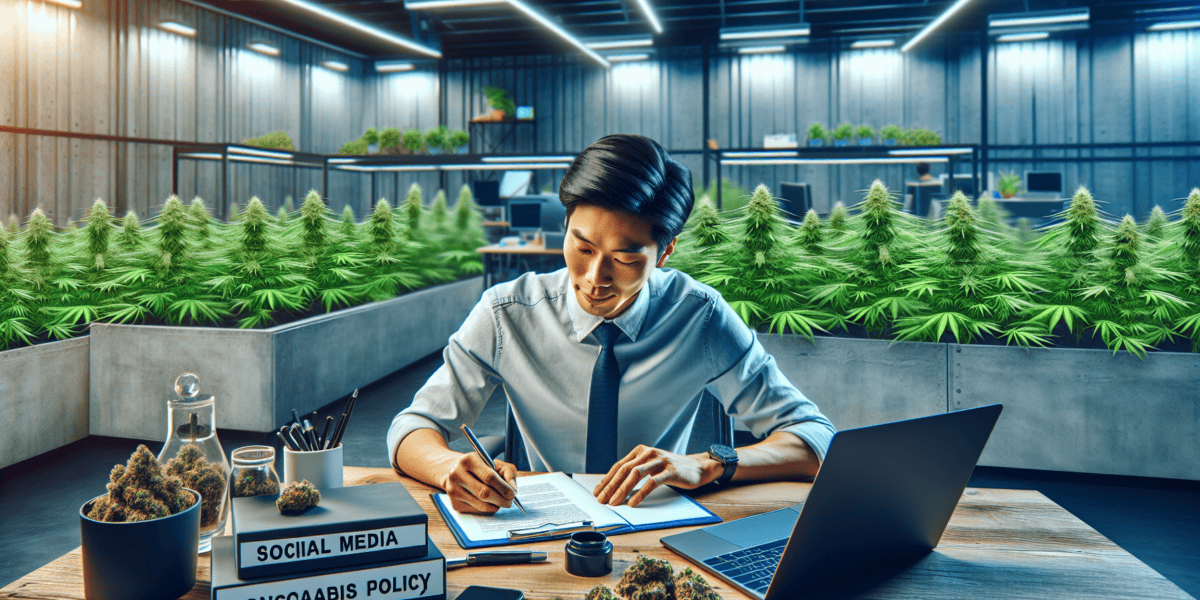 An HR professional writing a comprehensive social media policy for cannabis company employees, in a modern office setting, with a background featuring cannabis plants and digital devices.