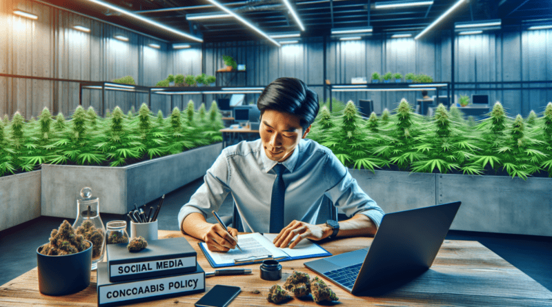 An HR professional writing a comprehensive social media policy for cannabis company employees, in a modern office setting, with a background featuring cannabis plants and digital devices.