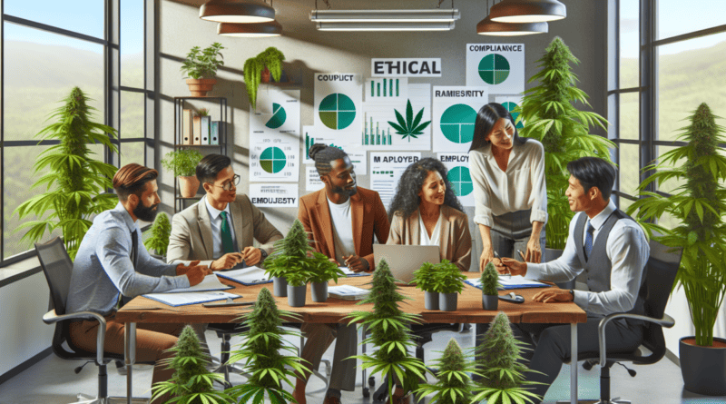 A diverse group of HR professionals in a vibrant, modern office setting, collaborating on ethical human resource strategies for the cannabis industry. The office features plants in the background, inc