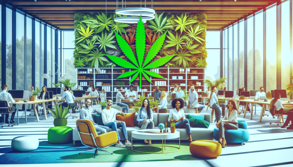 Create an image of a modern cannabis office environment, depicting diverse employees collaborating happily around a cozy lounge area filled with greenery and natural light, symbolizing a positive and