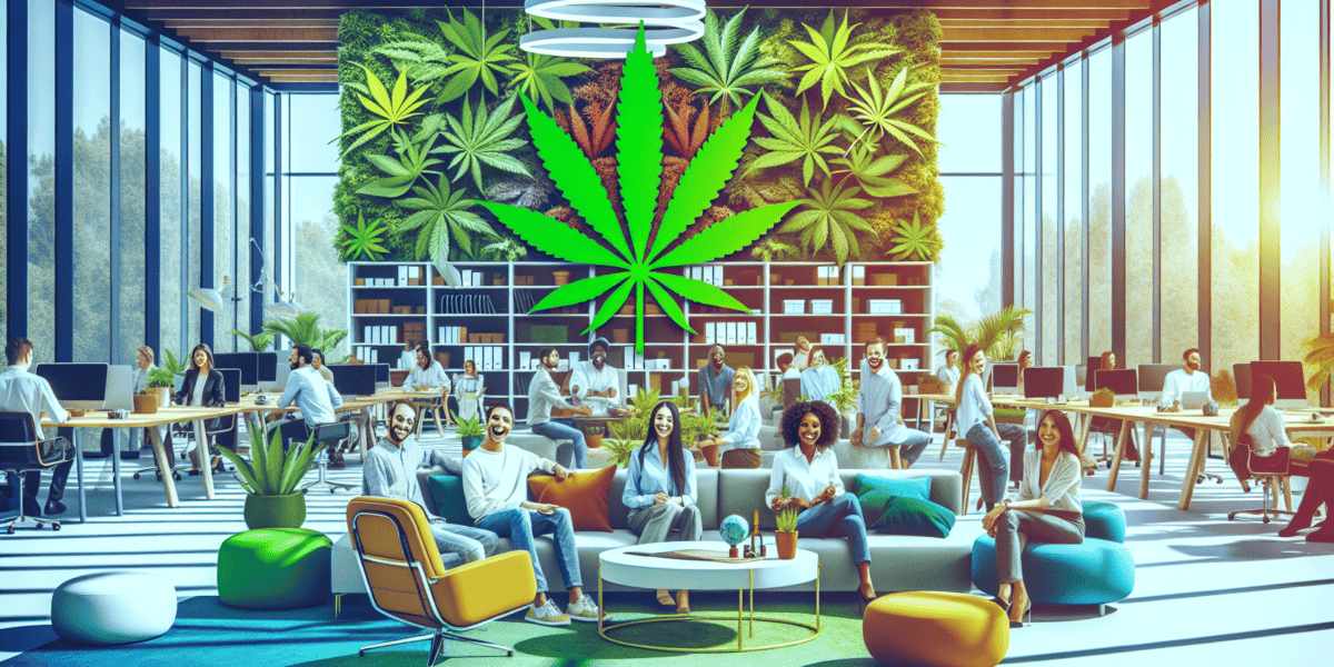 Create an image of a modern cannabis office environment, depicting diverse employees collaborating happily around a cozy lounge area filled with greenery and natural light, symbolizing a positive and