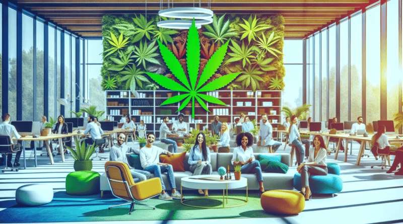 Create an image of a modern cannabis office environment, depicting diverse employees collaborating happily around a cozy lounge area filled with greenery and natural light, symbolizing a positive and